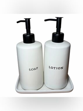 Hearth & Hand Magnolia Soap & Lotion Pump Set w Tray Stoneware Farmhouse